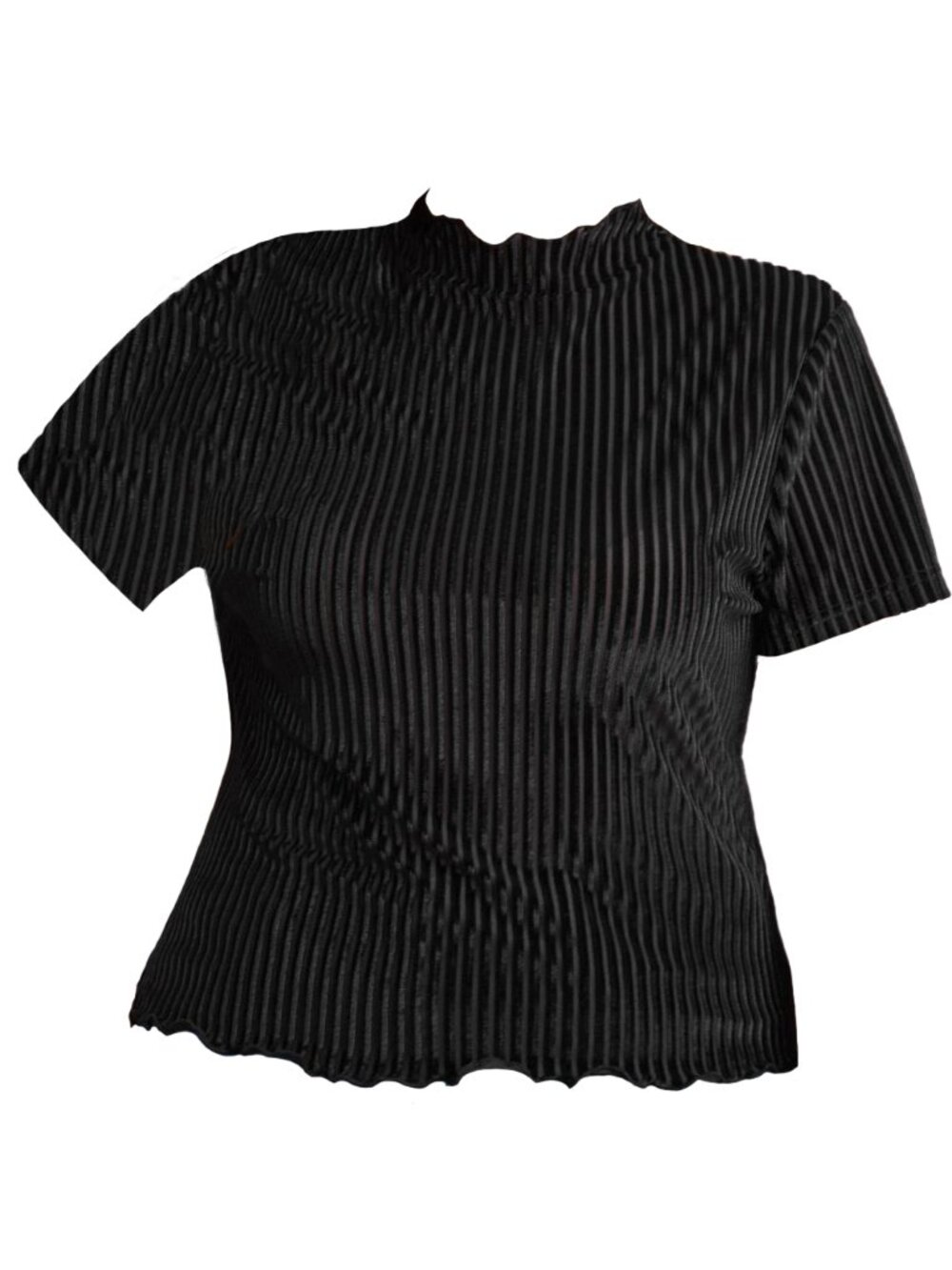 Black Velvet Ribbed Mock-Neck Tee, Lettuce Hem